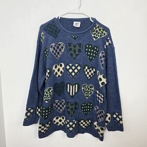 Vintage Maggie Lawrence Blue Green Heart Print Grandmacore Winter Sweater Sz 14